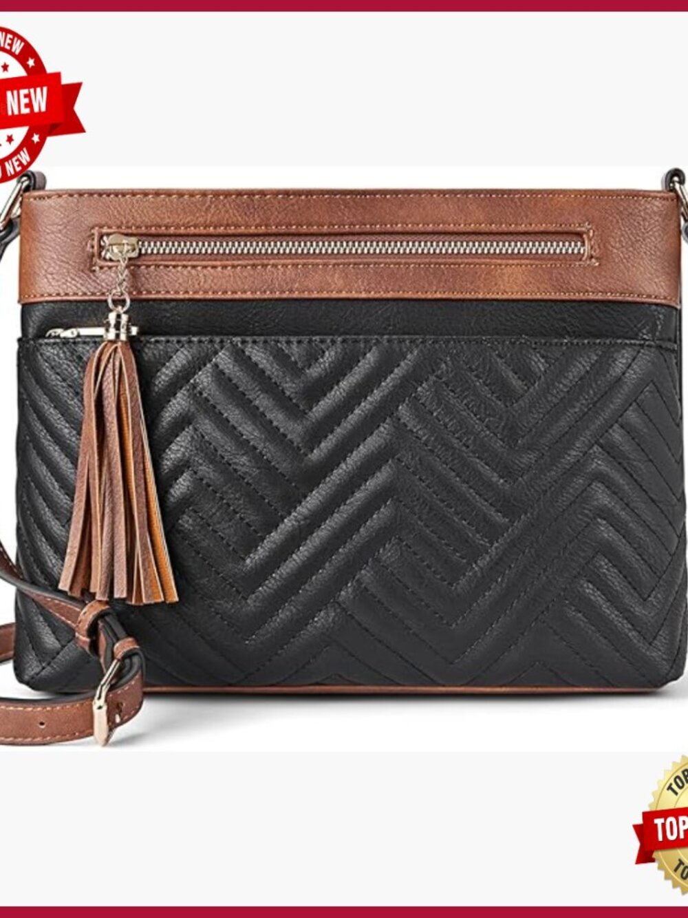 Quilted Vegan Leather Crossbody Bag with Zipper Closure
